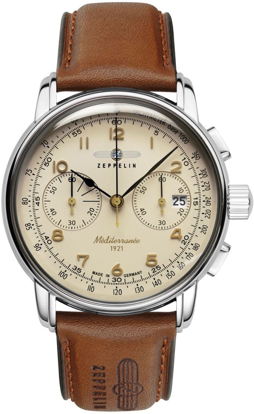 Herrklocka med brunt läderarmband och beige urtavla, kronograf med två sub-urtavlor