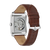 Herrklocka med synligt urverk och brunt läderarmband, profil