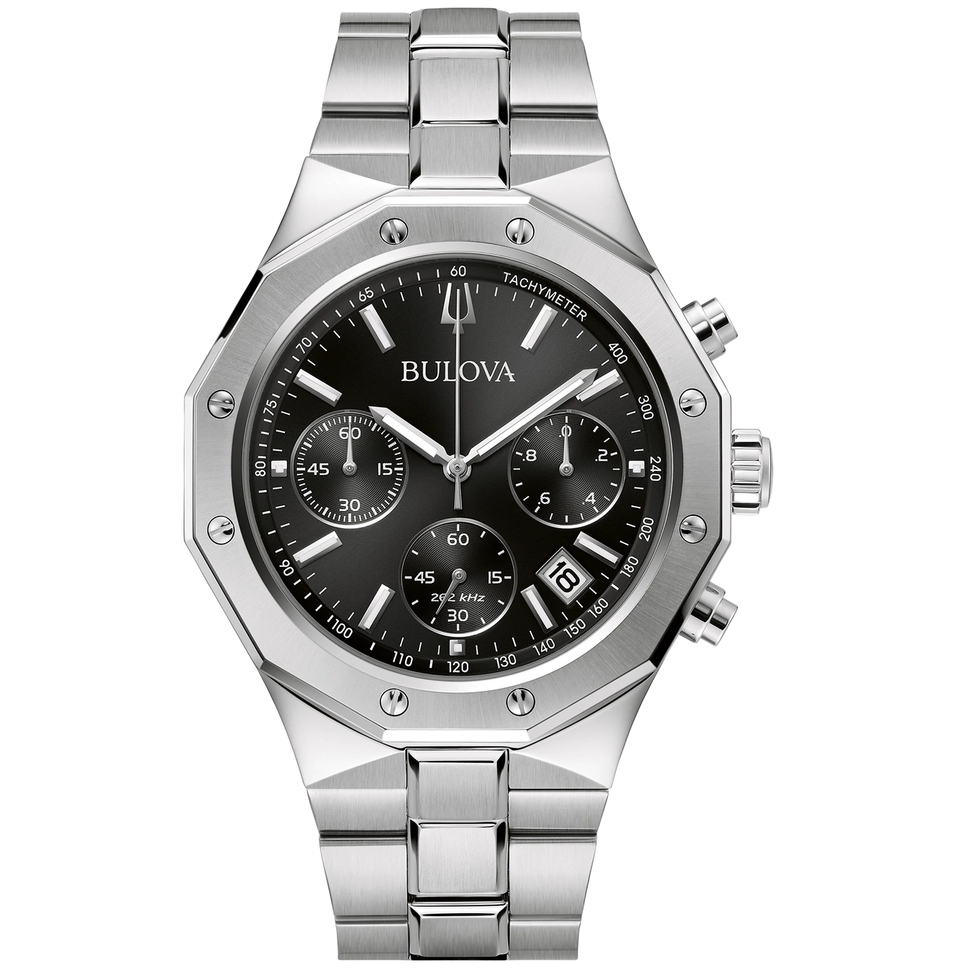 Bulova Herren-Chronograph mit schwarzem Zifferblatt und Edelstahlarmband