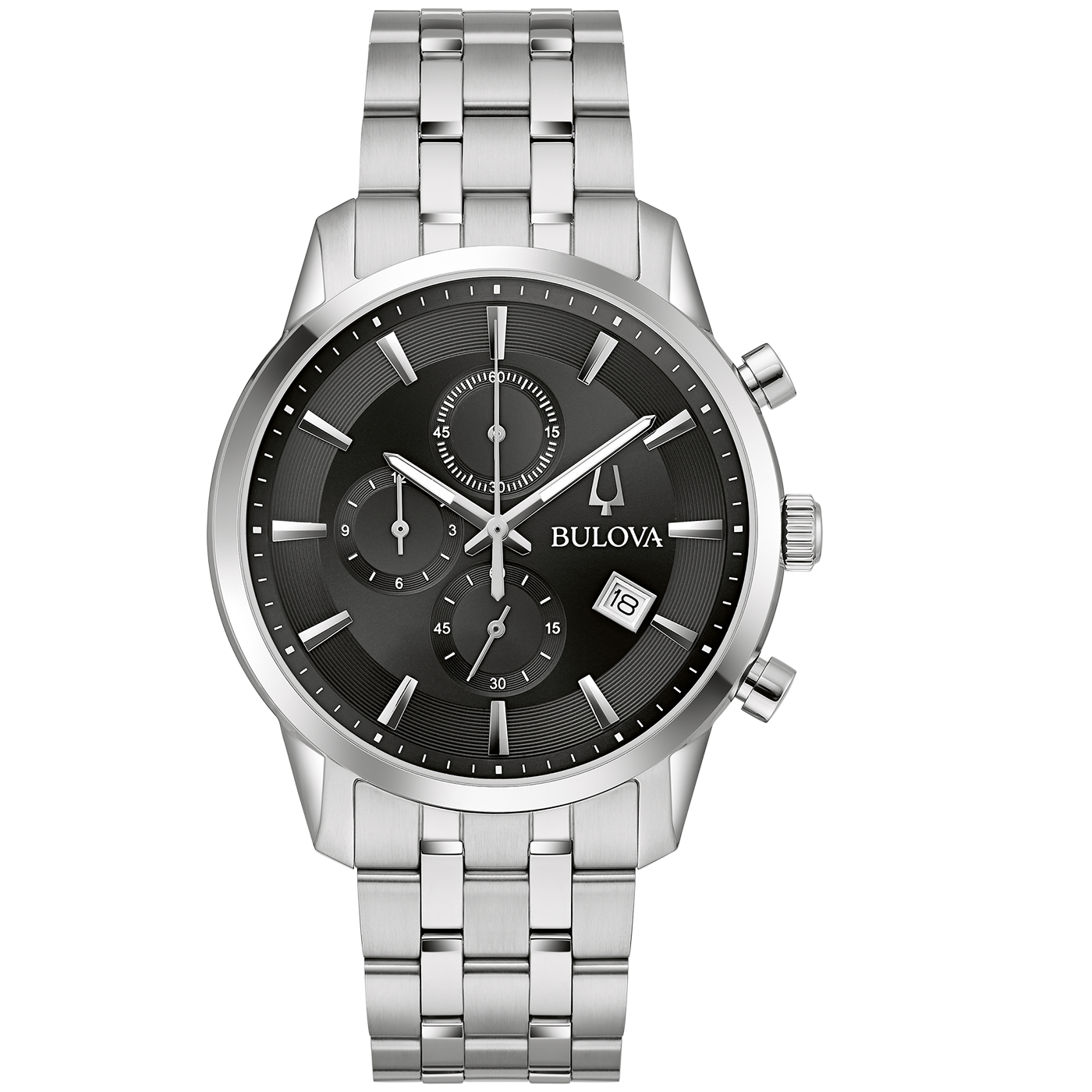 Bulova Chronographenarmbanduhr: schwarzes Zifferblatt, Edelstahlband, Datum