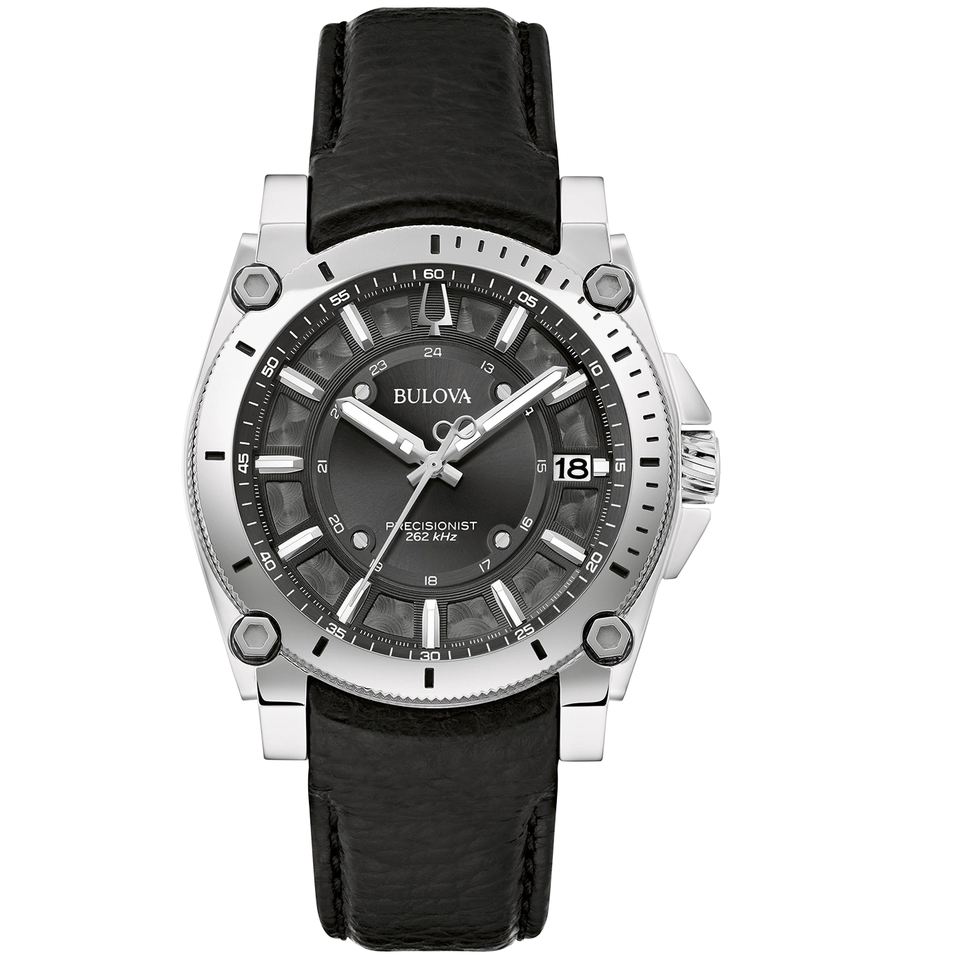 Bulova Herrenuhr mit schwarzem Zifferblatt, schwarzem Lederband und Saphirglas