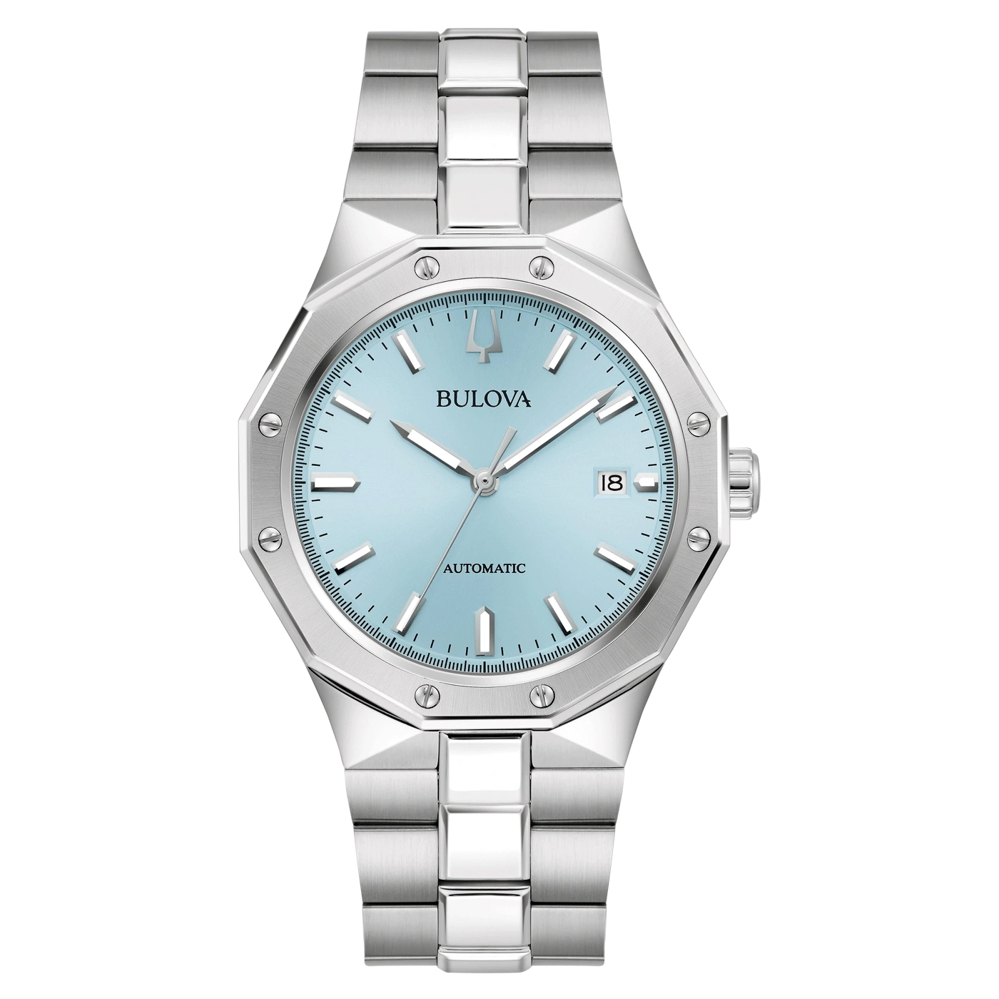 Bulova Herrenuhr mit silbernem Edelstahlband und hellblauem Zifferblatt, Automatik