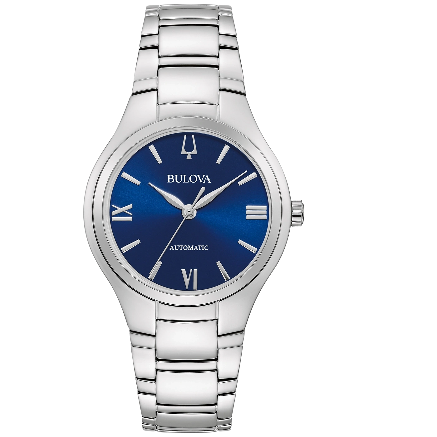 Bulova Automatikuhr mit blauem Zifferblatt, Edelstahlband und Ziffern