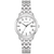 Damenuhr mit silbernem Metallarmband und weißem Zifferblatt, arabische Ziffern