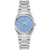 Damenuhr mit blauem Zifferblatt, Edelstahlband und Datumsanzeige bei 3 Uhr