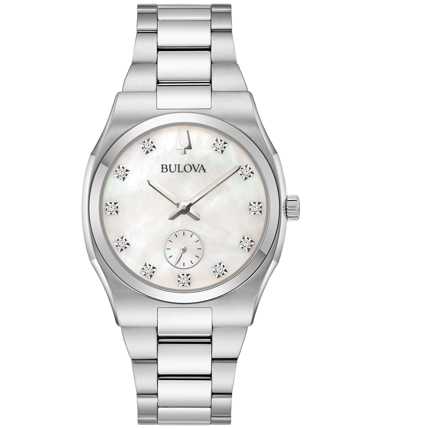 Bulova Damenuhr mit silberfarbenem Edelstahlarmband, weißem Zifferblatt und Diamantindizes