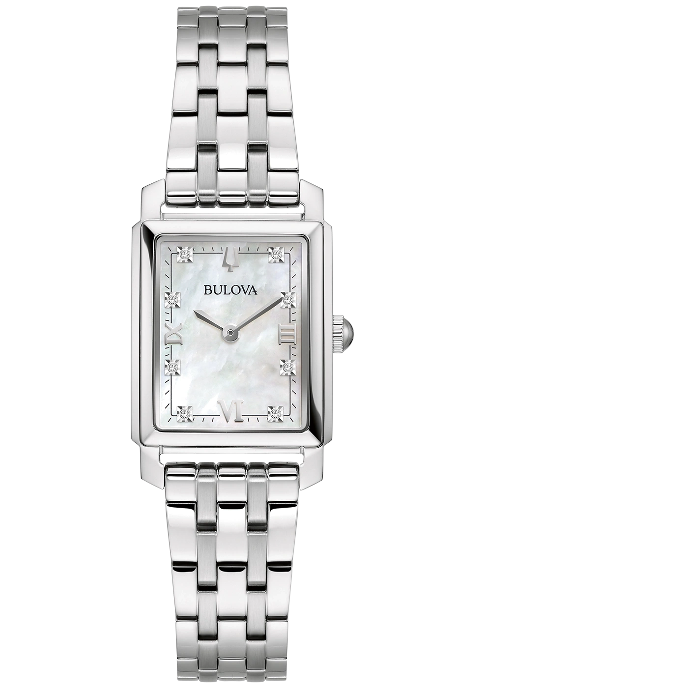 Bulova Damenarmbanduhr mit silbernem Edelstahlband und Perlmuttzifferblatt, Diamantindices