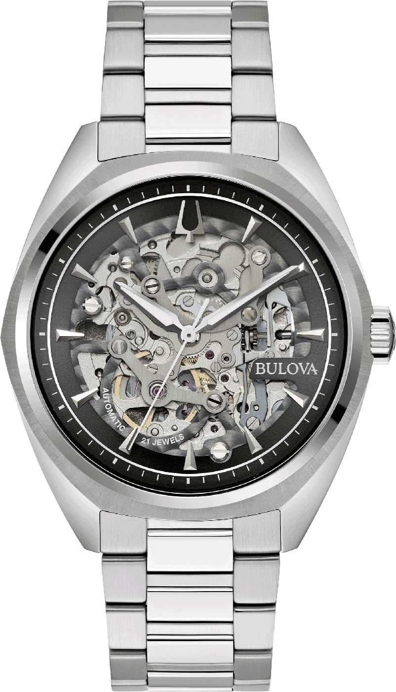Bulova herrur: Skelett-automat, boett i rostfritt stål och armband i metall