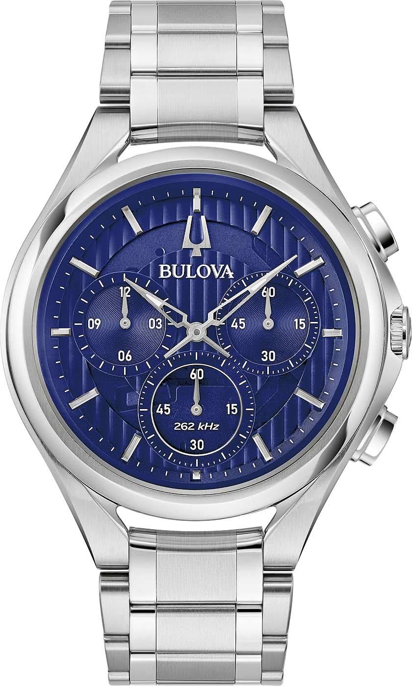 Bulova herrklocka: blå urtavla, kronograf, böjt boett i rostfritt stål, metallarmband