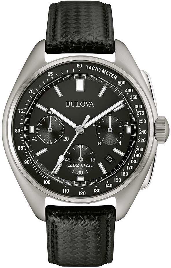 Bulova herrklocka med svart urtavla, tachymeter och svart läderarmband