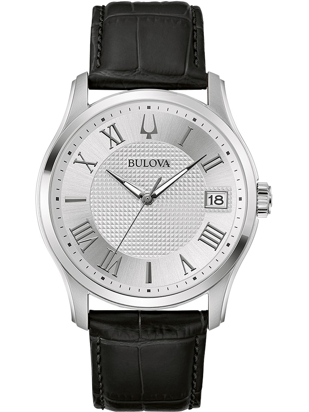 Herrenarmbanduhr Bulova mit silbernem Gehäuse, schwarzem Lederband und Strukturzifferblatt