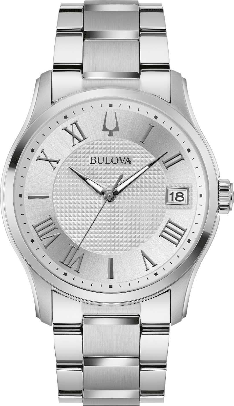 Bulova herrarmbandsur med silverfärgad urtavla, romerska siffror och datumfönster, armband i rostfritt stål