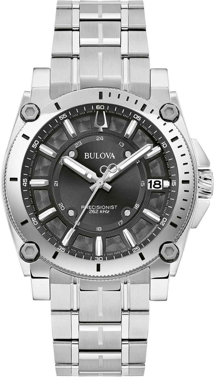 Bulova Herren-Armbanduhr: silbernes Edelstahlarmband, rundes Gehäuse, dunkles Zifferblatt, Datum