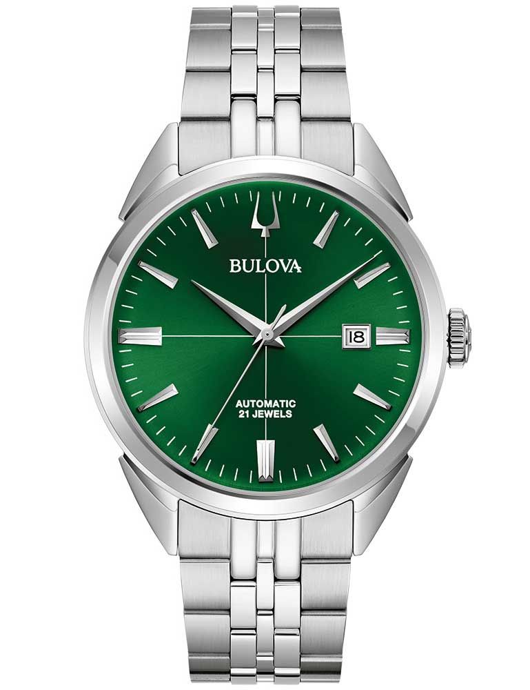 Herren-Automatikuhr Bulova mit grünem Zifferblatt und Edelstahlarmband