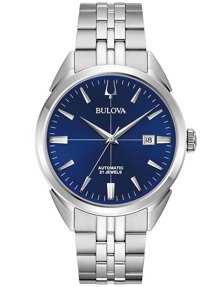 Herrenarmbanduhr Bulova mit blauem Zifferblatt, Stahlarmband und Sichtboden