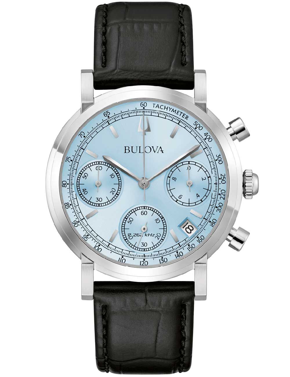 Herren-Chronograph mit blauem Zifferblatt, schwarzem Lederarmband und Chronographen-Funktionen