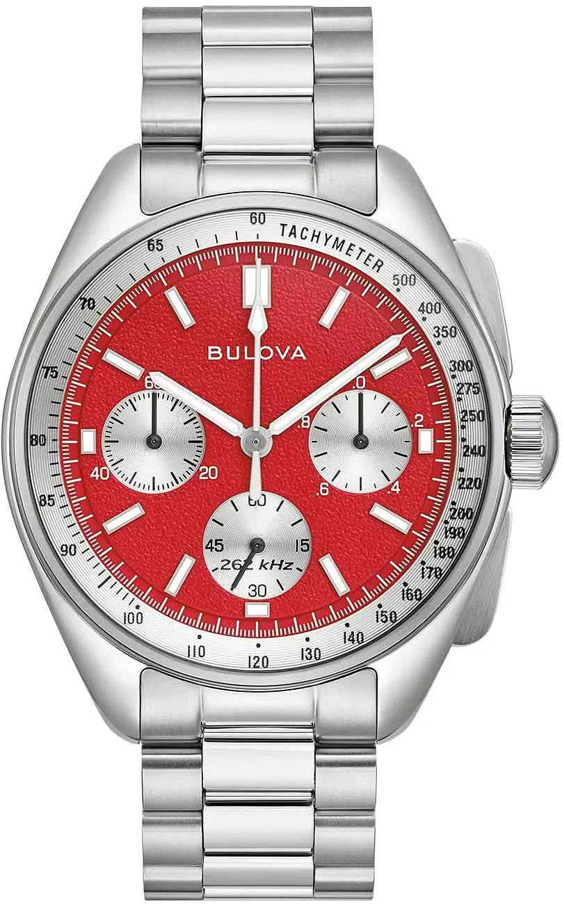Bulova herrarmbandsur med röd urtavla, kronograf och metallarmband