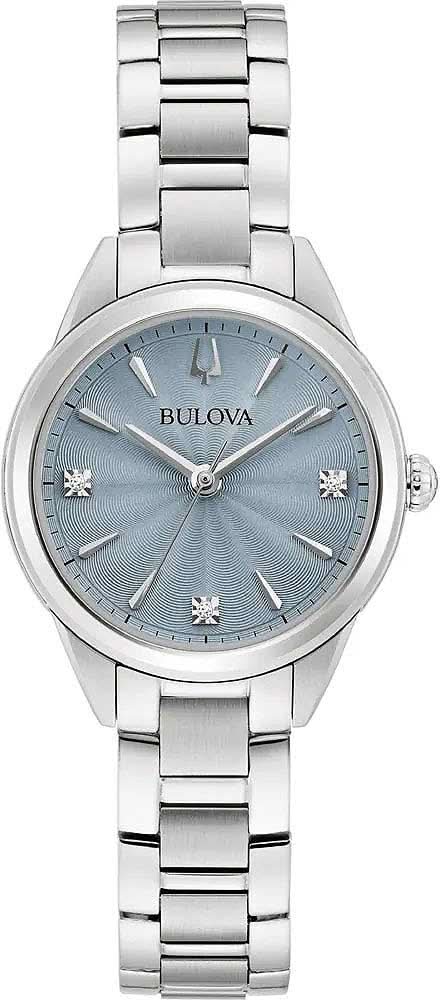 Bulova damklocka: gråblå urtavla, diamantprydda index, armband i rostfritt stål