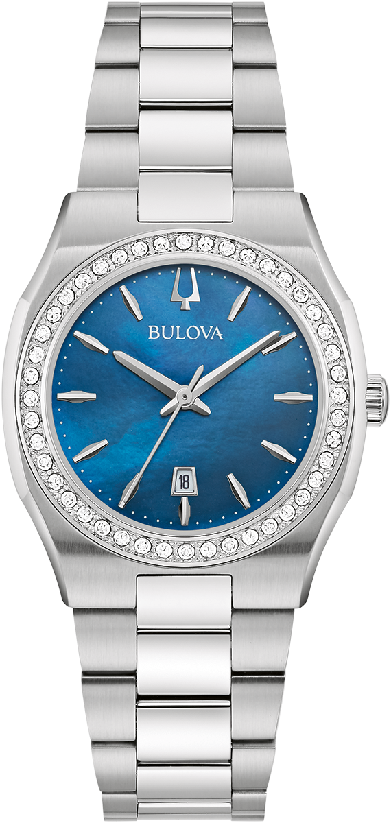 Bulova Damenuhr mit silbernem Edelstahlband, blauem Zifferblatt und Diamantlünette