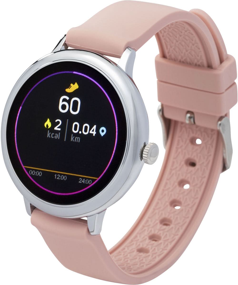 Smartwatch med boett i rund design och rosa silikonarmband, displayvisning