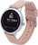 Smartwatch med boett i rund design och rosa silikonarmband, displayvisning