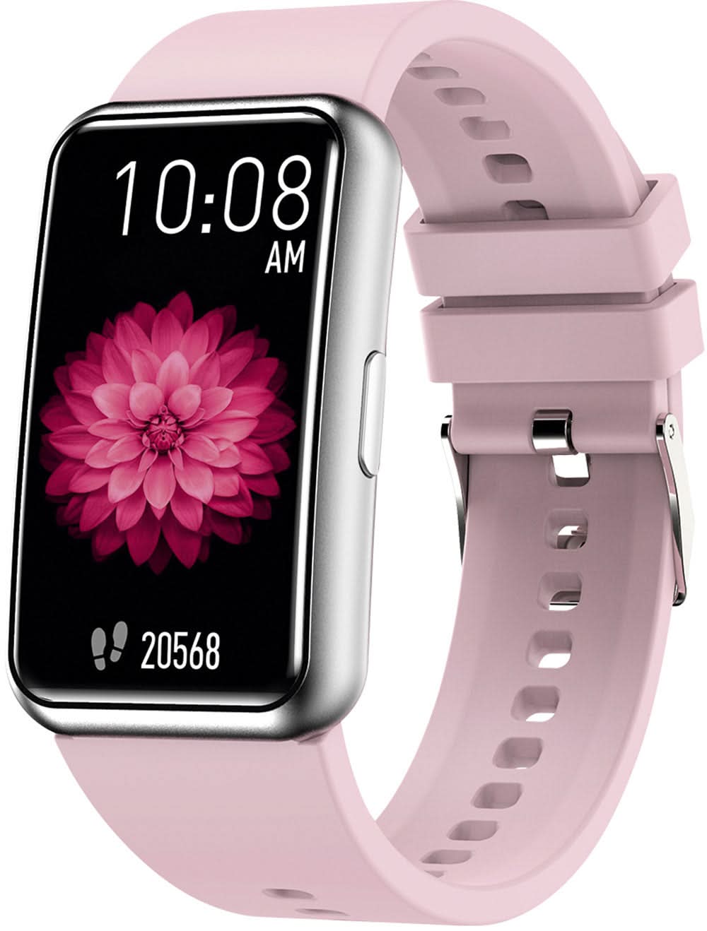Smartklocka med rosa silikonarmband, rektangulär display och blommönster.