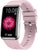 Smartklocka med rosa silikonarmband, rektangulär display och blommönster.