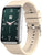 Smartklocka med beige silikonarmband och grön urtavla, rektangulär display