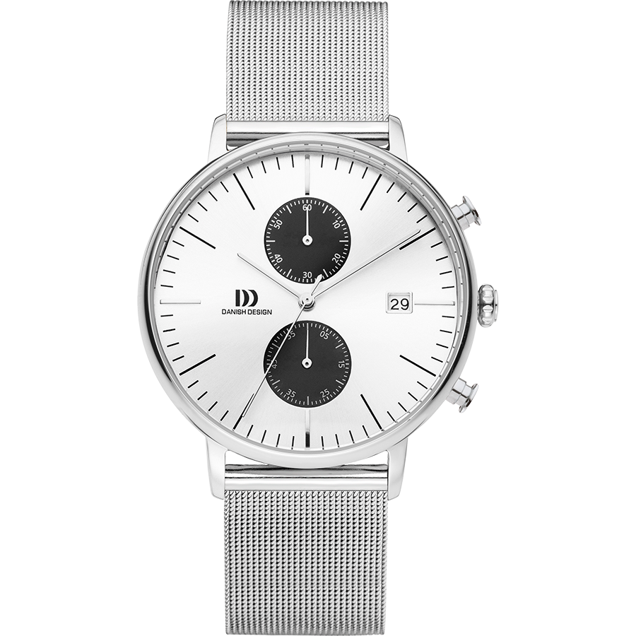 Herrenarmbanduhr mit Chronograph: silbernes Milanaise-Armband, weißes Zifferblatt, Datum