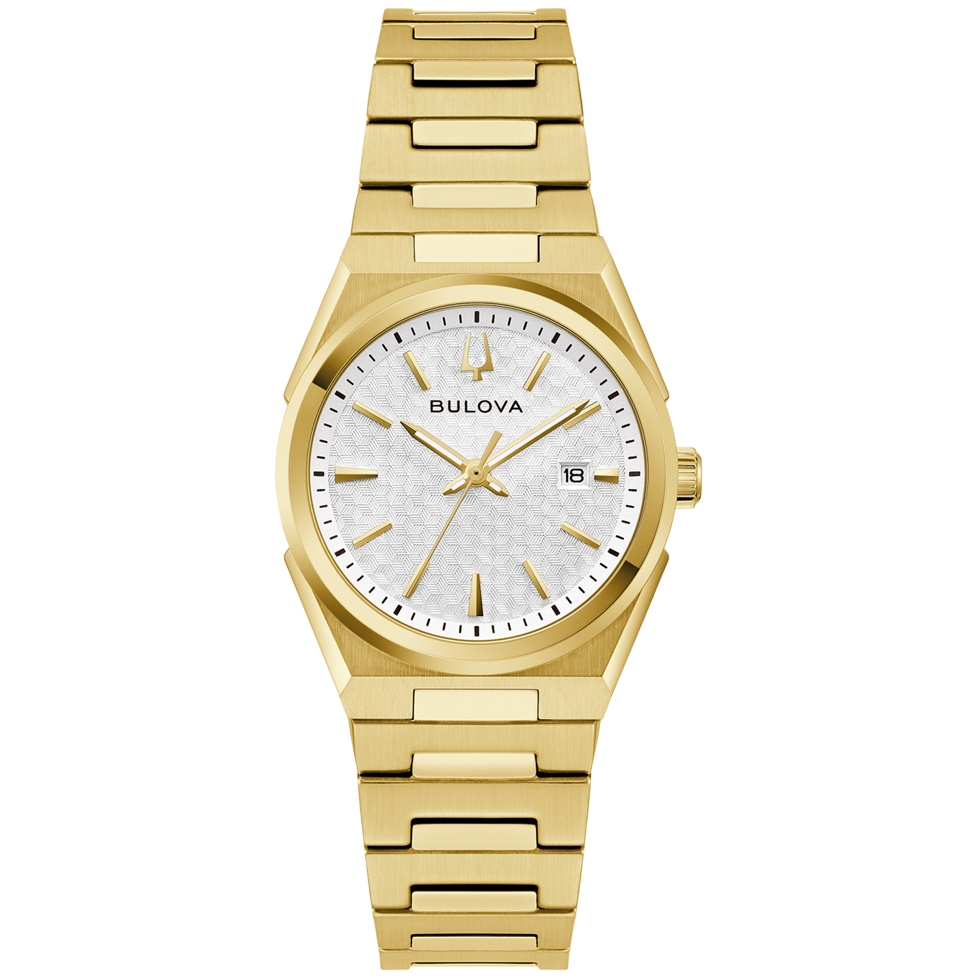 Damenuhr mit goldenem Armband und weißem Zifferblatt, Datumsanzeige bei 18 Uhr
