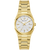 Damenuhr mit goldenem Armband und weißem Zifferblatt, Datumsanzeige bei 18 Uhr