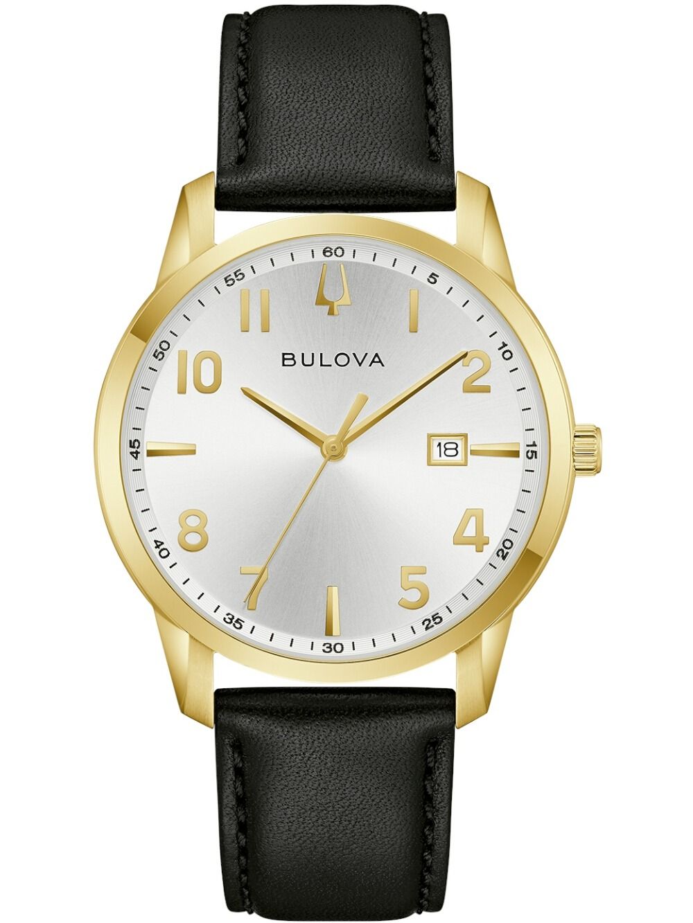Herrenarmbanduhr Bulova mit weißem Zifferblatt, goldfarbenem Gehäuse, schwarzem Lederband