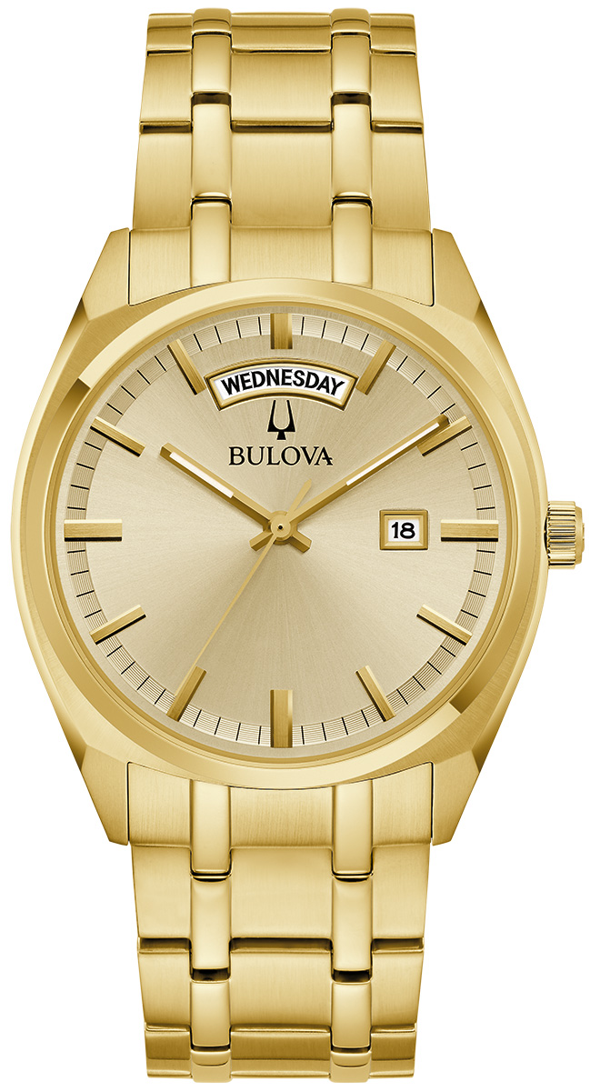 Bulova Herrenarmbanduhr in Gold, rundes Zifferblatt mit Mineralglas und Datum/Wochentag