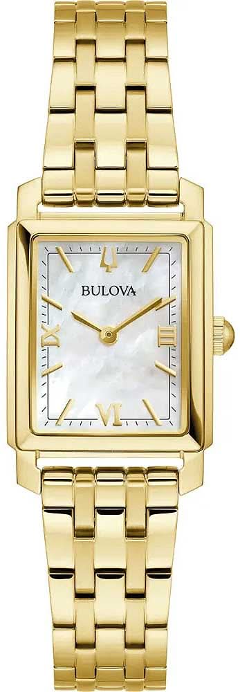 Bulova damklocka med rektangulärt urtavla och guldfärgat armband i rostfritt stål