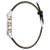 Chronograph-Uhr seitlich: Edelstahlgehäuse, roségoldene Drücker, schwarzes Lederarmband