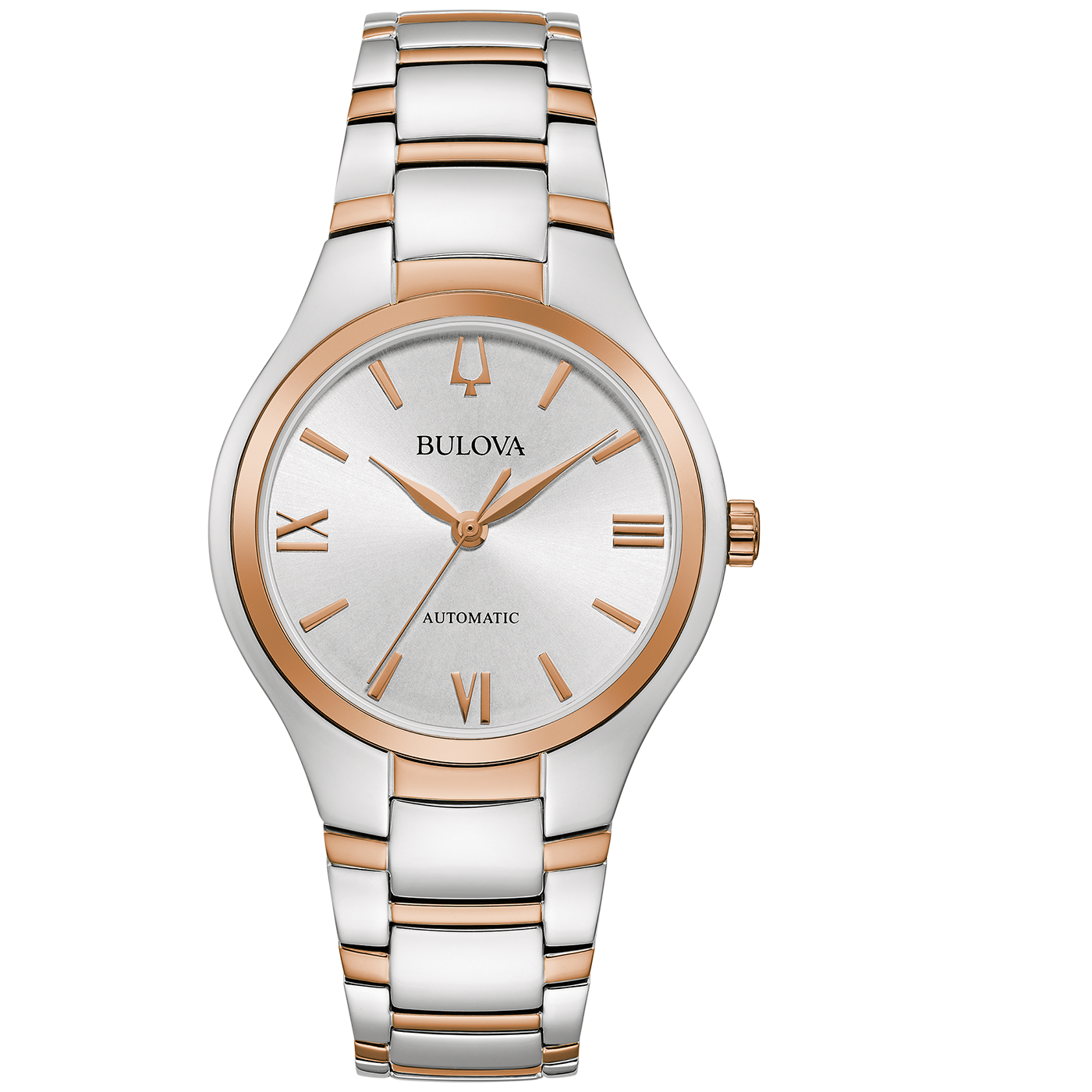Bulova Damenuhr mit silbernem Zifferblatt, römischen Stunden, Bicolor-Edelstahlarmband