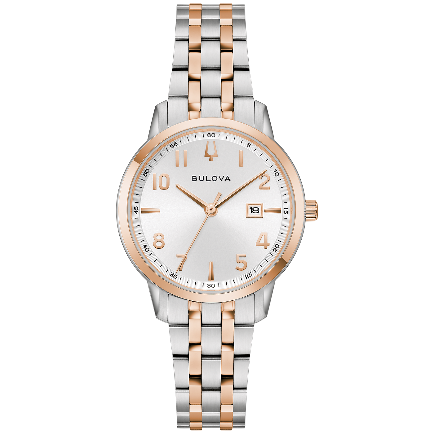 Bulova Damenuhr mit silbernem Zifferblatt und bicolor Metallarmband, römische Zahlen