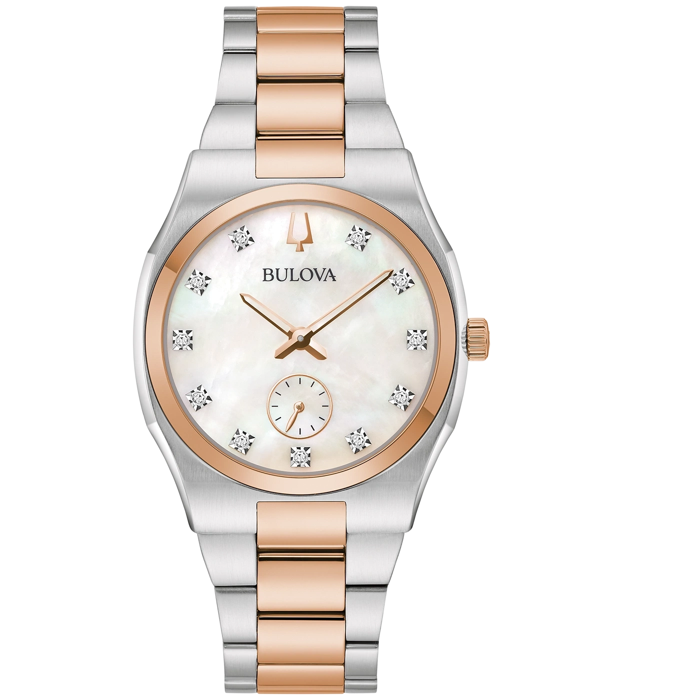 Bulova Damenuhr Bicolor mit weißem Zifferblatt, diamantbesetzten Indexen und Analoganzeige