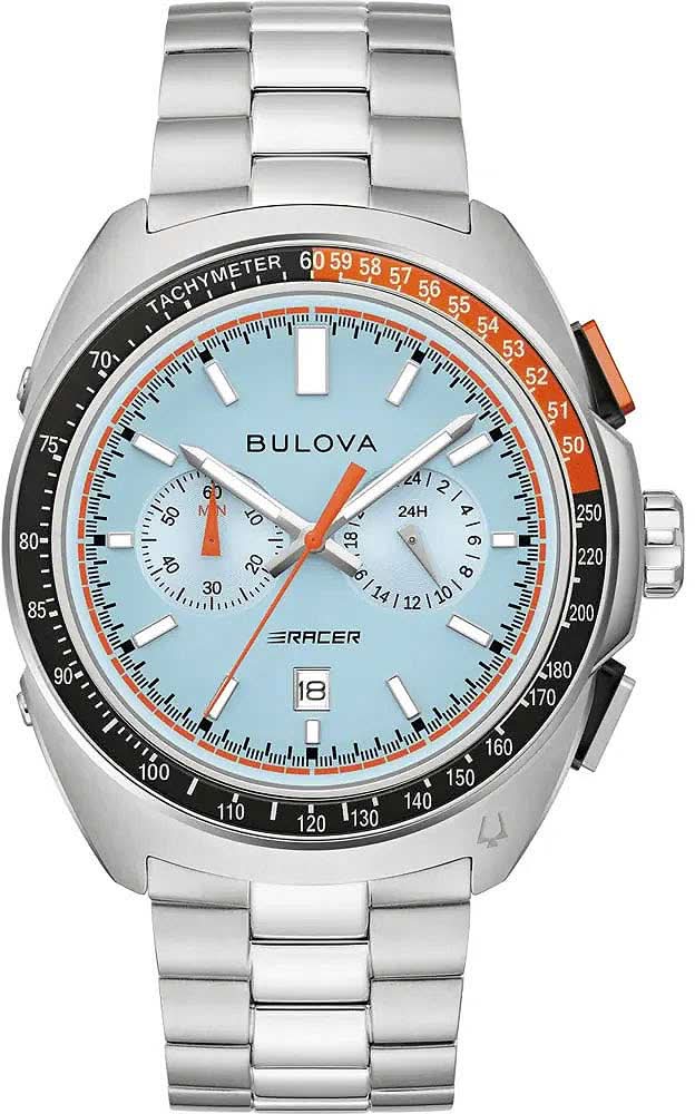 Bulova herrklocka med silverfärgat metallband, blåvit urtavla och orange accent