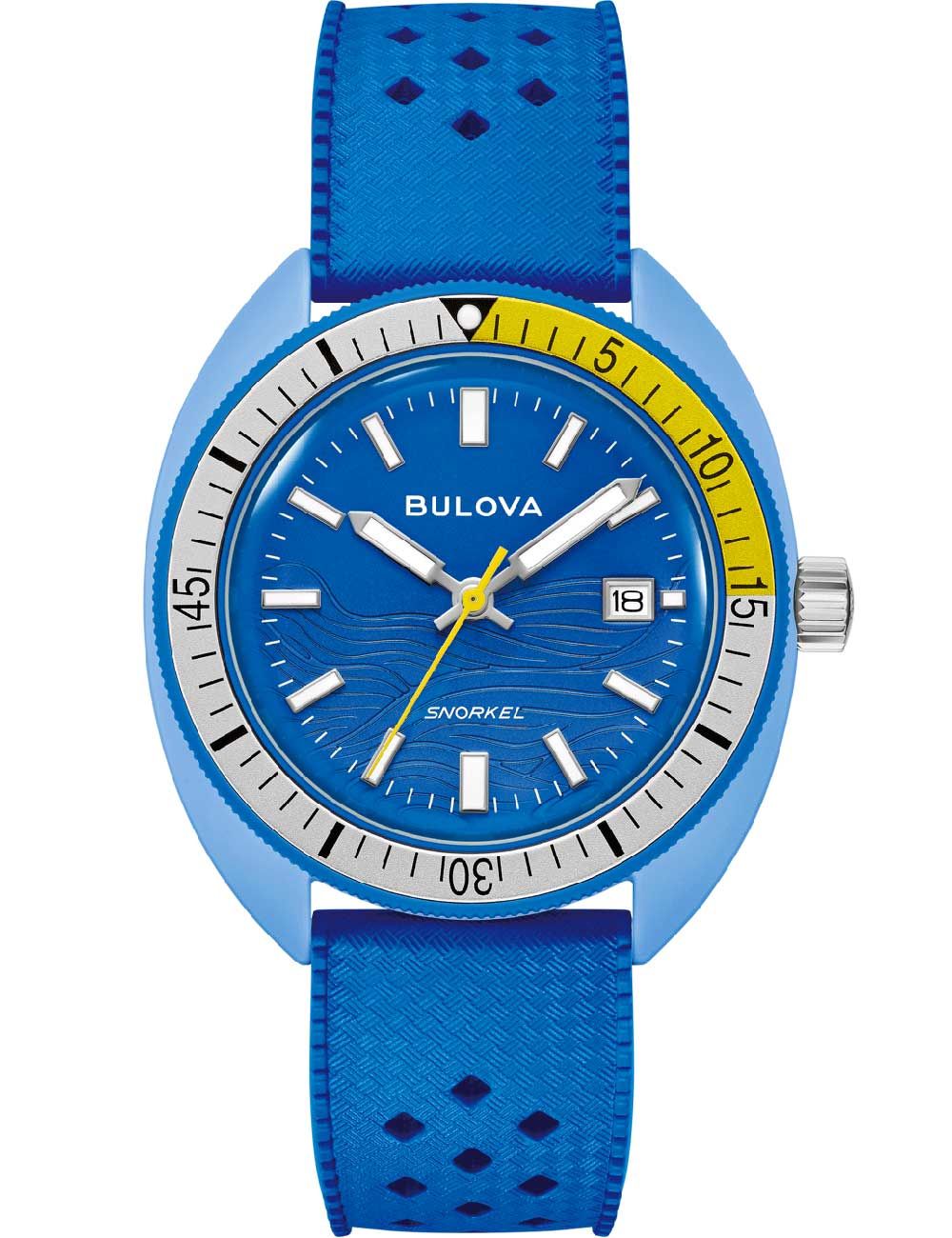 Bulova Herren-Armbanduhr: blaues Zifferblatt, gelbe Zeiger, Datumsfenster, blaues Silikonband