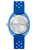 Bulova Herren-Armbanduhr Rückseite: silbernes Gehäuse mit Fischmotiv, blaues Band mit Muster