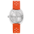 Bulova herrklocka baksida med orange armband och graverat boettlock