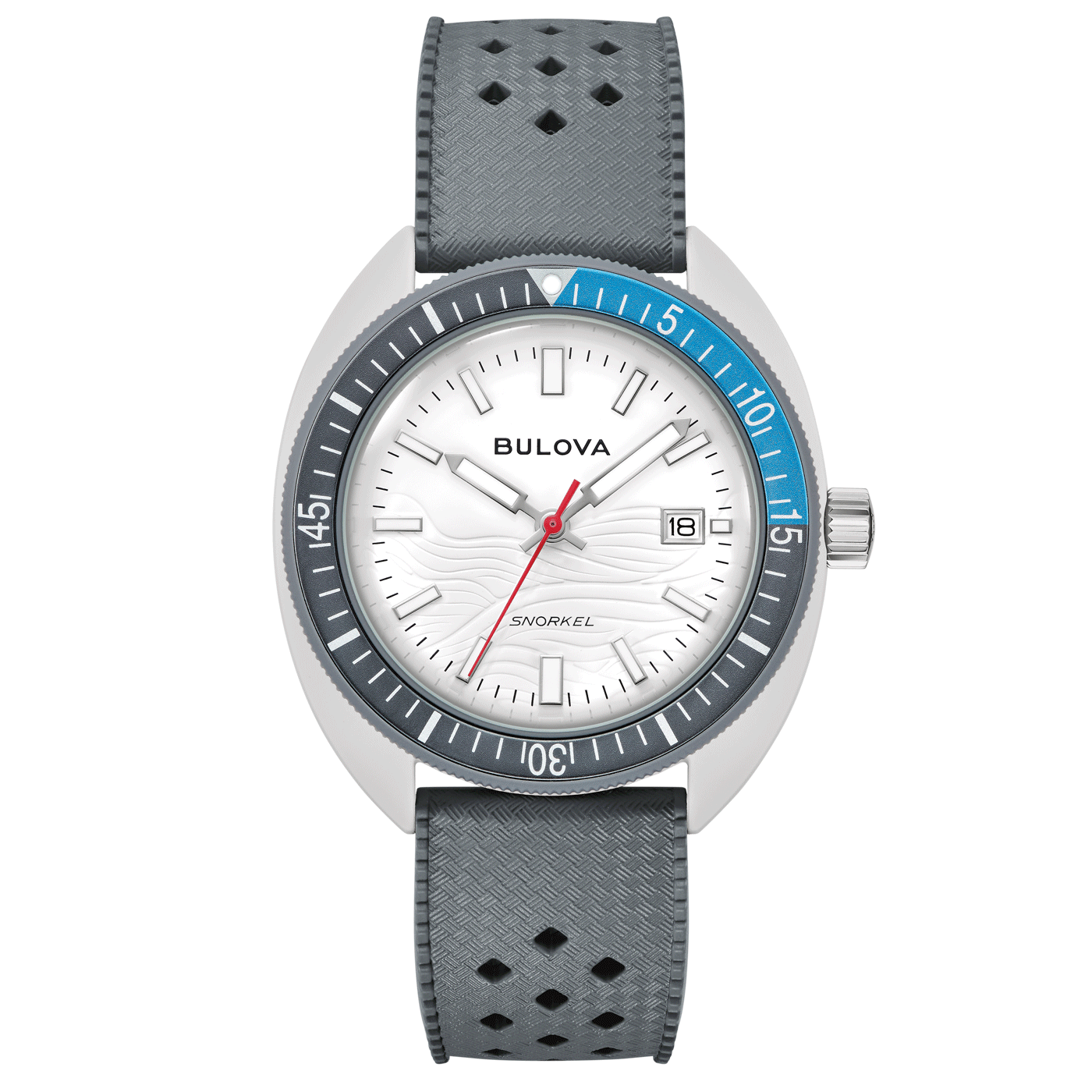 Bulova herrklocka med vit urtavla, blå infattning och grått armband