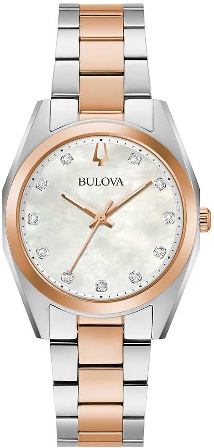 Bulova damklocka med pärlemorurtavla, diamantindex och tvåfärgat armband i rostfritt stål