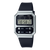 Casio Unisex-Digitaluhr frontal: silbernes Gehäuse, dunkles Gummiarmband, digitales Display