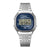 Silberne Casio Armbanduhr mit Metallarmband und blauem Digitalzifferblatt