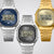Drei Casio Digitaluhren mit Metallarmband: silber, blau und gold, Runddisplay