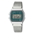 Casio Armbanduhr, frontal mit grünem Digitaldisplay und silbernem Mesh-Armband