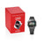 Casio A168WEUC-1AER Armbanduhr neben UNO-Verpackung, schwarzes Edelstahlband