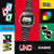Armbanduhr mit schwarzem Metallarmband, rechteckiges digitales Display mit UNO-Detail